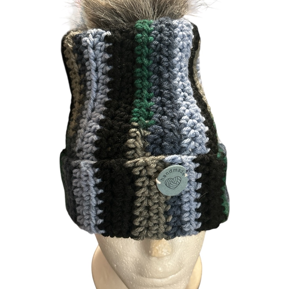 Striped Knit Beanie with Pom Pom